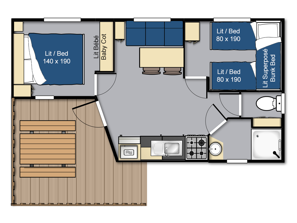 Plan intérieur du mobil home Arbouse au Camping La Vetta à Porto-Vecchio en Corse du Sud.